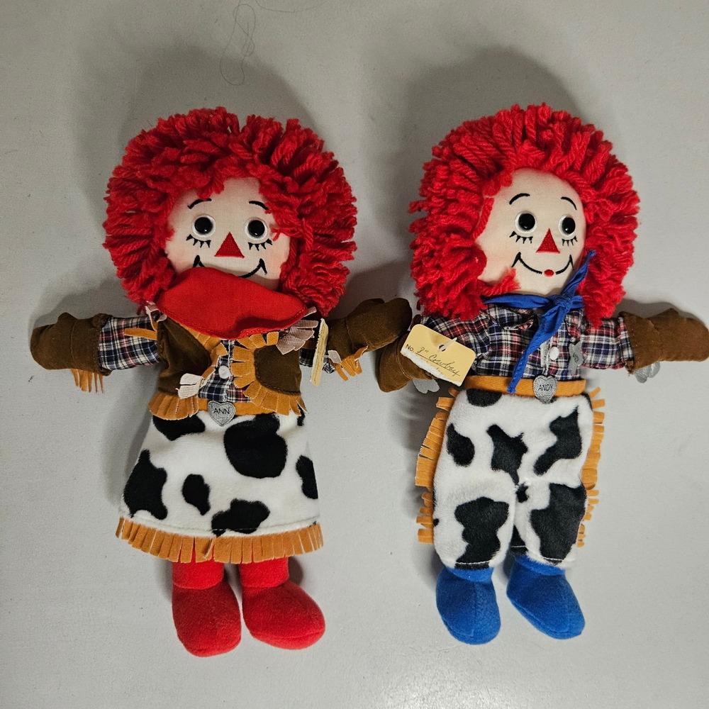 Raggedy Ann and Andy Cowboy Cowgirl Western Plush Doll Set Cow Print 12 inch